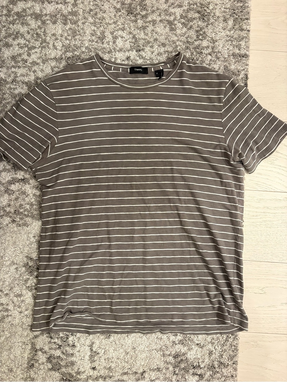 Theory Men's Taupe and White Striped Crewneck Tee